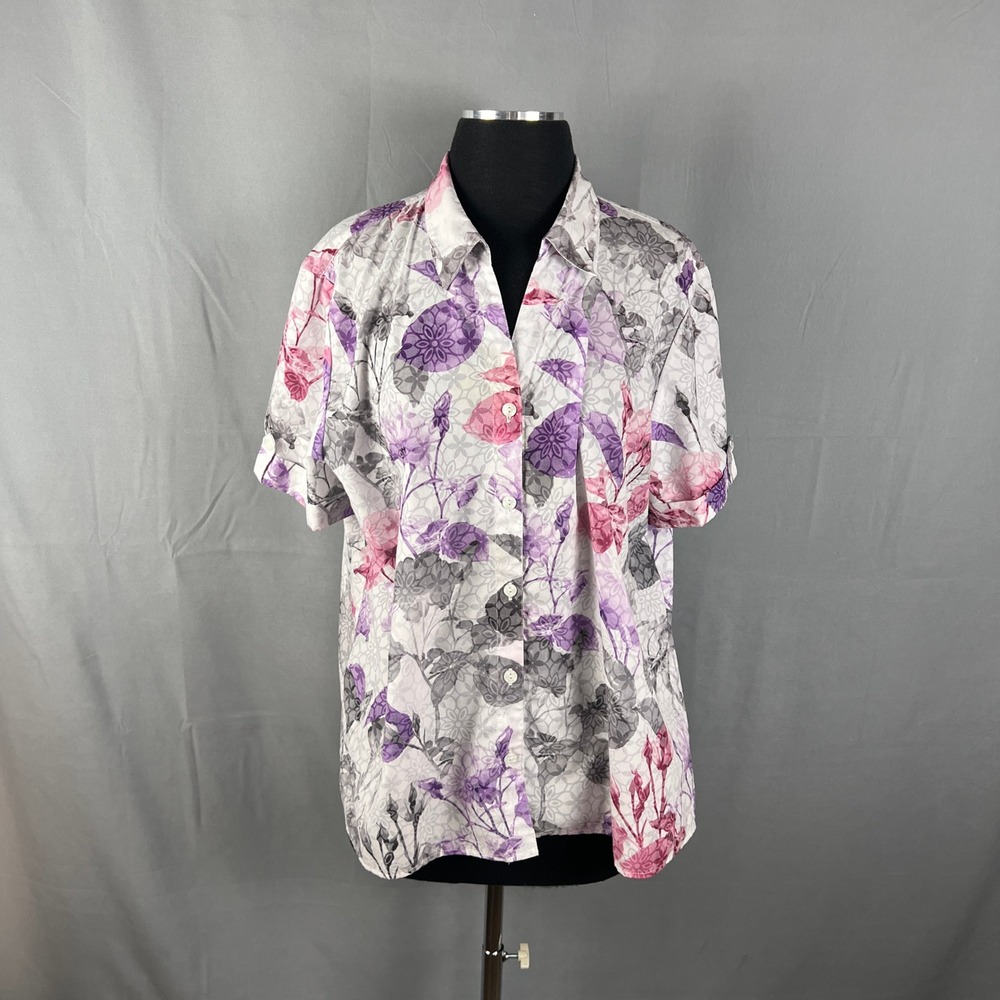 Alfred Dunner Shirt Womens Large Multicolor Floral Cotton Side Slit Button Up